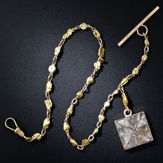 Antique Gold Nugget Watch Chain with Gold-in-Quartz Fob - 3