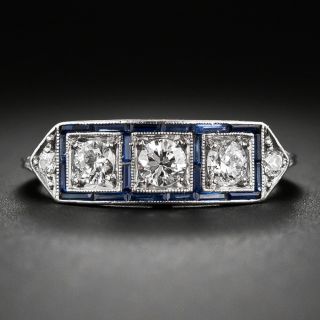 Art Deco Diamond and Sapphire Three-Stone Ring - 7