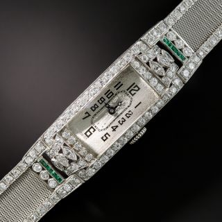 Art Deco Diamond Emerald Platinum Mesh Bracelet Watch - 2