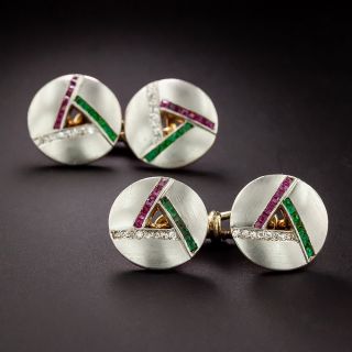 Art Deco Diamond, Ruby and Green Glass Cuff Links 'Austro-French' - 1