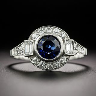 Art Deco-Style 1.37 Carat No-Heat Blue Sapphire and Diamond Halo Ring - 2