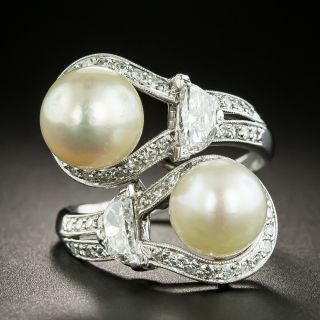Art Deco Twin Natural Pearl and Diamond Bypass Dinner Ring - GIA - 2