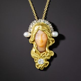 Art Nouveau Carved Coral and Pearl Pendant - 3