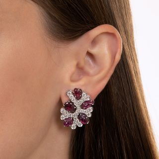Contemporary Carved Ruby and Diamond Earrings