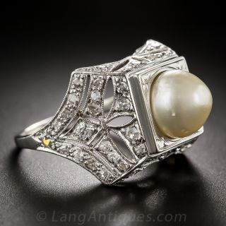 Early Art Deco Natural Pearl and Diamond Ring - 2