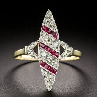 Edwardian Diamond  and Synthetic Ruby Navette Ring - 2