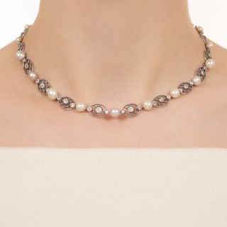 English Edwardian Natural Pearl and Diamond Necklace - GIA
