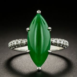 Estate Natural Burmese Marquise Jade and Diamond Ring - 1