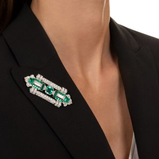Fine Art Deco Emerald and Diamond Brooch - GIA F1