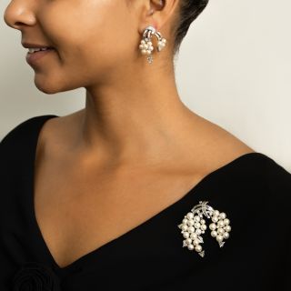 Mid-Century Cascading Pearl and Diamond Brooch/Pendant