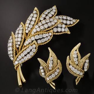 Mid-Century Diamond Leaf Brooch and Earrings - 1