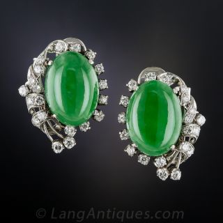 Mid-Century Natural Jade and Diamond Clip Earrings - 1