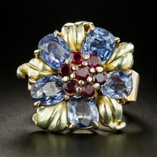 Retro No-Heat Sapphire and Ruby Cocktail Ring - 3