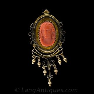 Victorian Coral Cameo Pendant/Brooch and Earrings