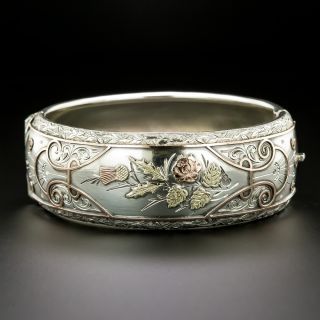 Victorian Thistle and Rose Motif Silver Bangle Bracelet - 3