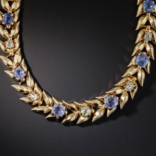 Vintage No-Heat Ceylon Sapphire and Diamond Leaf Necklace - 1